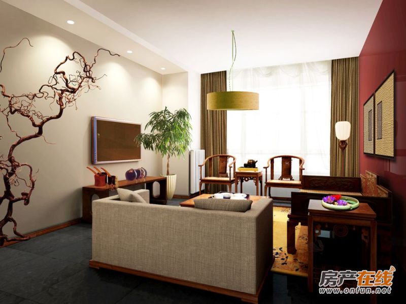 红色时尚中式新古典客厅沙发装修效果图
