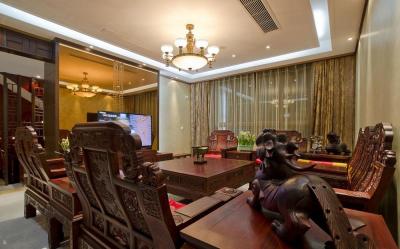 中式咖啡色复式客厅沙发效果图